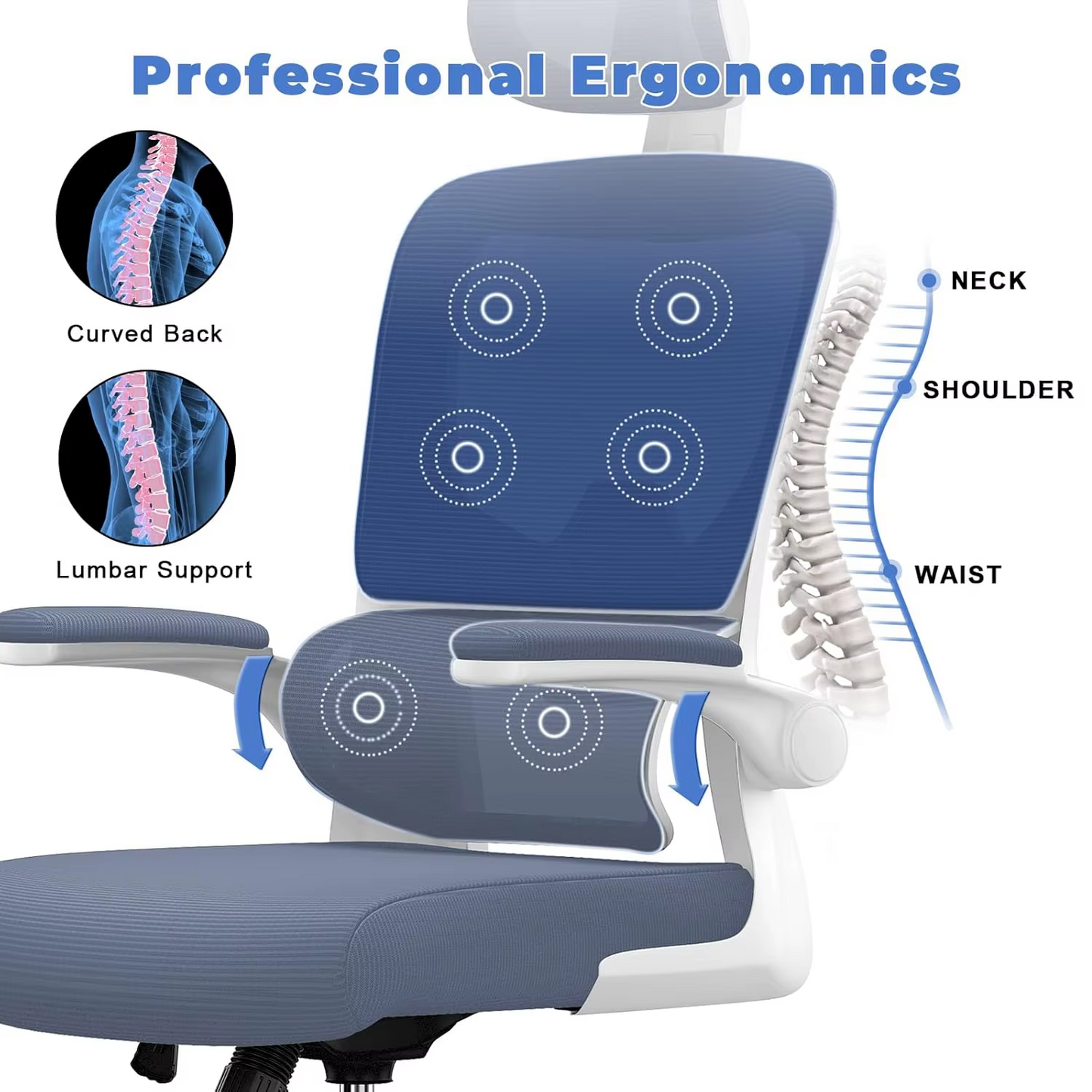 Ergonomic Office Chair with Lumbar Support, Home Office Desk Computer Chairs Adjustable Headrest and Flip-up Armrests