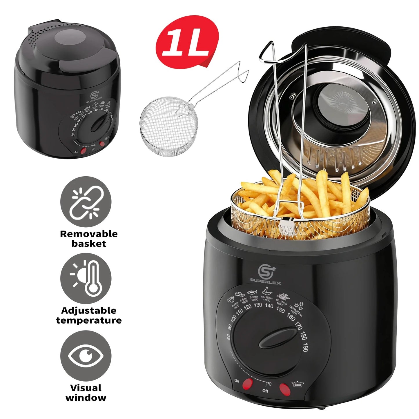 SUPERLEX Electric Deep Fryer 1L For Home Temperature Control Visual Window Removable Oil Tank Easy‑Clean Fried Chicken Fries Pot