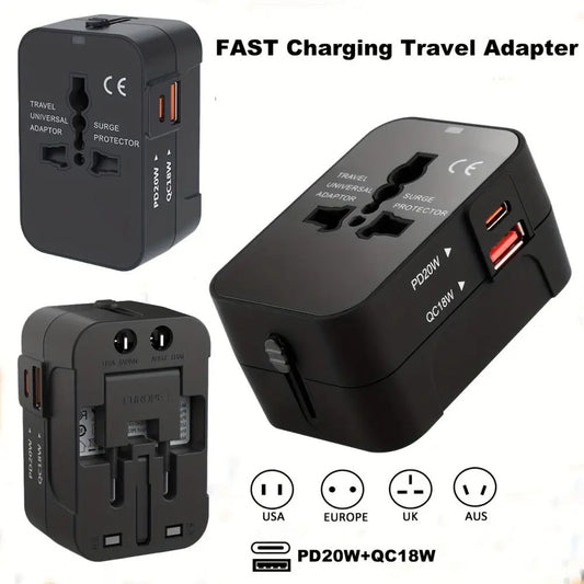 Universal Travel Adapter International All in One PD20W & QC18W Power Plug Wall Charger USB C Charging Ports for USA EU UK AU