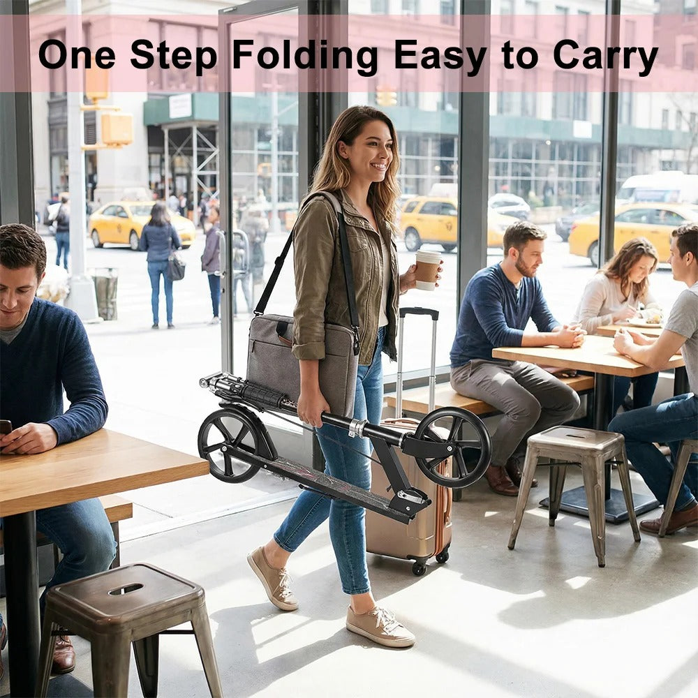 Foldable Commuter Scooter with Adjustable Handle Height Black Frame Rear Brake and Suspension for Kids Ages 6-12 And Adults