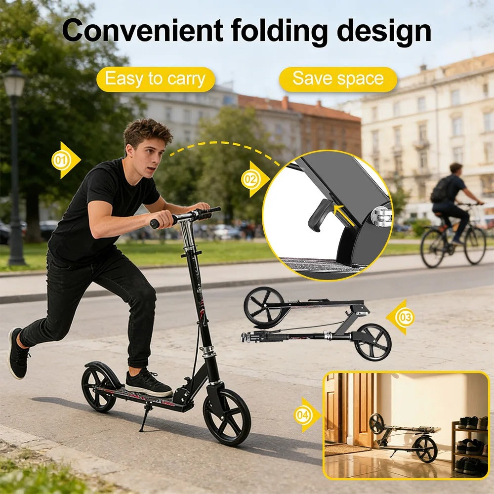 Foldable Commuter Scooter with Adjustable Handle Height Black Frame Rear Brake and Suspension for Kids Ages 6-12 And Adults