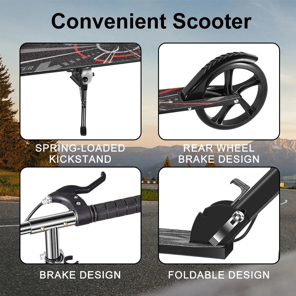 Foldable Commuter Scooter with Adjustable Handle Height Black Frame Rear Brake and Suspension for Kids Ages 6-12 And Adults