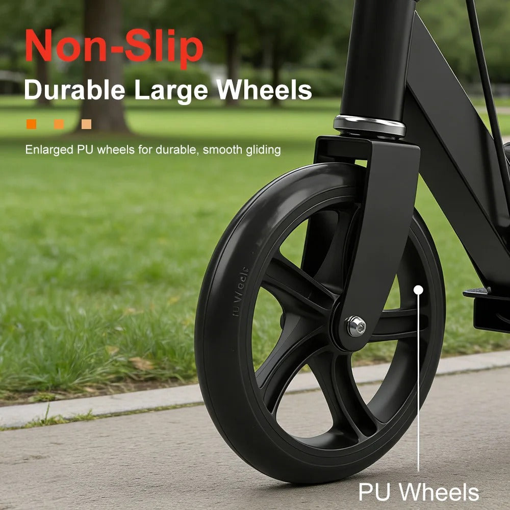 Foldable Commuter Scooter with Adjustable Handle Height Black Frame Rear Brake and Suspension for Kids Ages 6-12 And Adults