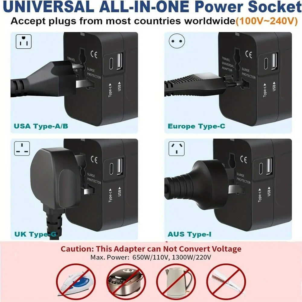 Universal Travel Adapter International All in One PD20W & QC18W Power Plug Wall Charger USB C Charging Ports for USA EU UK AU
