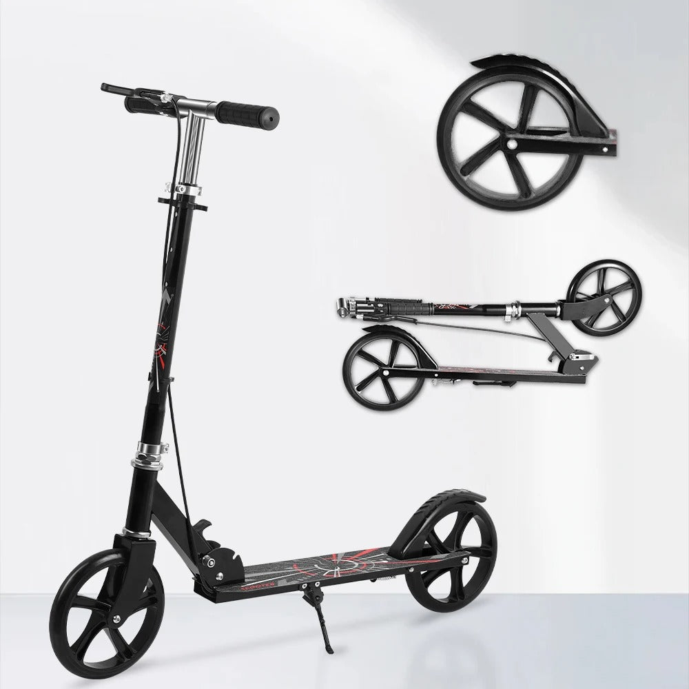 Foldable Commuter Scooter with Adjustable Handle Height Black Frame Rear Brake and Suspension for Kids Ages 6-12 And Adults