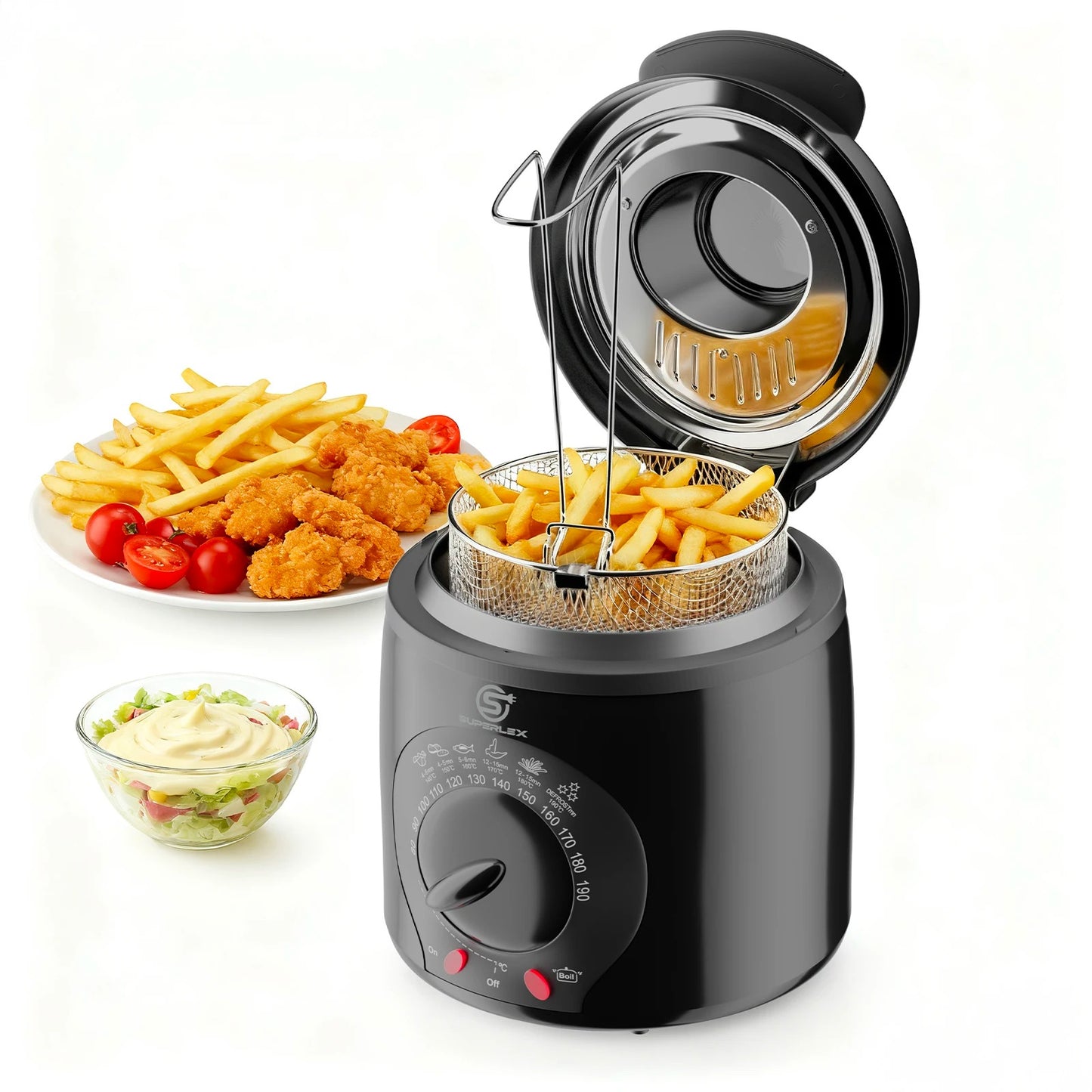 SUPERLEX Electric Deep Fryer 1L For Home Temperature Control Visual Window Removable Oil Tank Easy‑Clean Fried Chicken Fries Pot